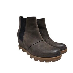 Sorel Joan of Arctic Wedge Chelsea Boots Women 8.5 Brown Leather Ankle Booties